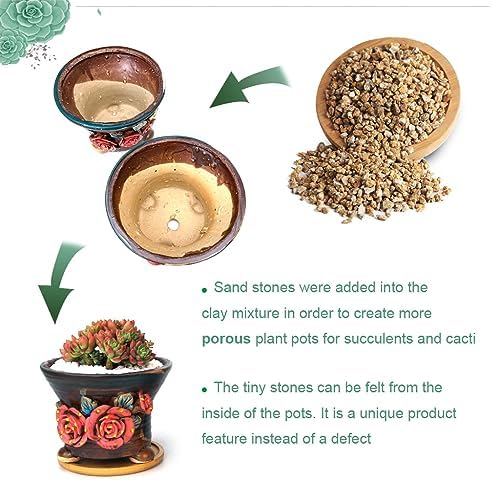 5.5 Inch Succulent Pot Handmade Flower Design Round Ceramic Antique Plant Pot Cactus Pot Planter with Drainge and Saucer Set of 2 - Image 3