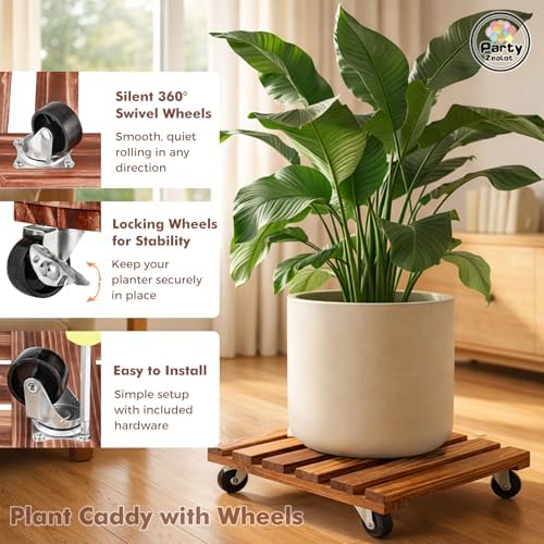 13.5 Inch Plant Caddy with Wheels, 4 Pack Rolling Plant Stand Rollers with Casters Wooden Plant Dolly with Wheels Heavy Duty Rolling Planter Base for Indoor & Outdoor Plants Square Wood Flower Stand - Image 2