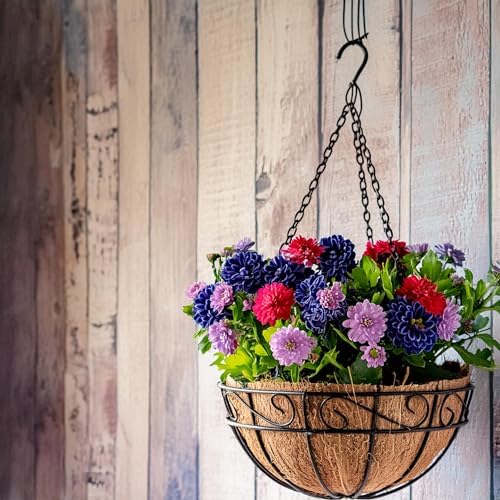 Ashman 14 Inch Metal Hanging Planter Basket with Coco Coir Liner Round Wire Plant Holder Chain Porch Decor Flower Pots Hanger Garden Decoration Indoor Outdoor Watering Hanging Baskets (4) - Image 6