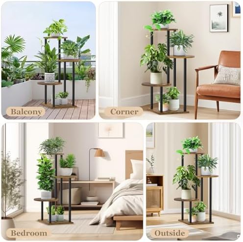 4 Tier Plant Stand Indoor, Metal Wooden Tall Plant Shelf Flower Pot Stand for Multiple Plants, Corner Flower Holder Plant Display Rack for Living Room Balcony Patio Garden (Rustic Brown) - Image 6