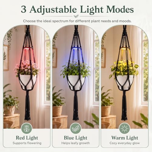 Huquary 3 Pack Macrame Hanging Plant Hanger with Grow Light,Black - Image 3