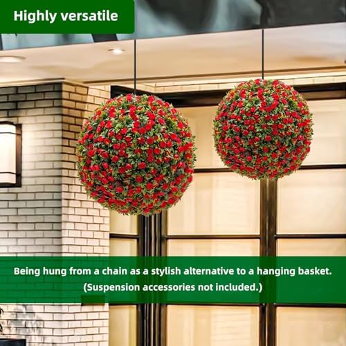 21.6 Inch Artificial Hanging Topiary Balls Set of 2, Faux Flower Balls for Garden Patio Wedding Valentine's Day Decor, Outdoor Indoor Hanging Decorations for Porch Front Door Party,Red - Image 2