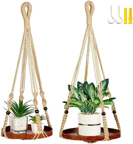 Macrame Plant Hanger Set (Large Macrame Plant Hanger + 2 Pack Hanging Plant Shelf) - Image 6
