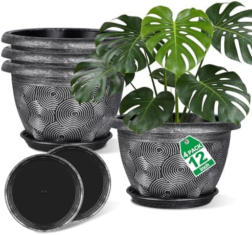 12-Inch -Plastic-Pots -For-Plant With Saucer, 4 Pack Outdoor Planters With Drainage Holes, Decorative Flower Pots For Indoor Plants, Modern 3D Swirl Silver Large Plant Pots With With Removable Tray by Pottiffe