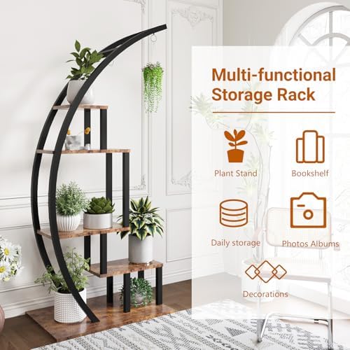 GarveeLife Plant Stand Indoor 2 Pack, 5 Tier Half Moon Plant Shelf, Tall Metal Large Plant Stands, Stylish Tiered Flower Storage Rack for Multiple Plants Hanging Display, Space-Saving (Brown+Black) - Image 2