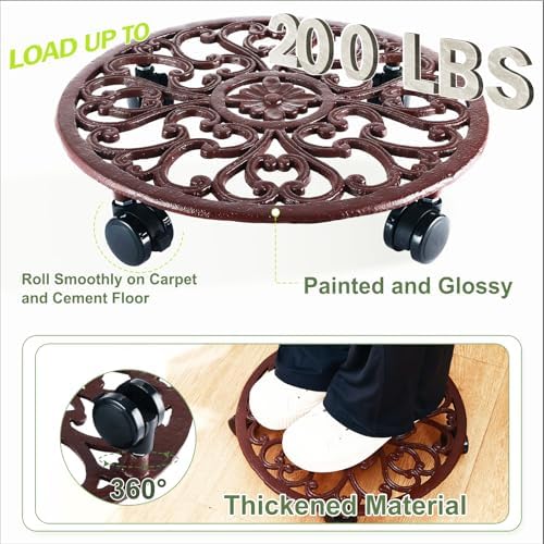 3 Packs 14 Inch Rolling Plant Stand with Wheels Metal Plant Caddy with Wheels Heavy Duty Round Plant Stand Indoor Iron Plants Rollers for Plants, Plant Dolly Brown - Image 6
