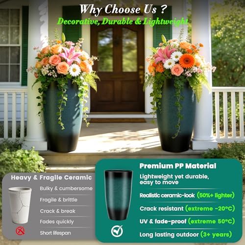 Autodaya 23.8" Ceramic-Look Tall Planters for Outdoor Plants Pots for Porch - Image 4