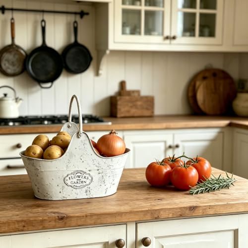 Distressed White Galvanized Metal Flower Planter Set of 2, Rustic Farmhouse Pot with Handle, Multi Use Tub for Garden Harvest Fruit Vegetables, Floral Craft Tool Organizer Indoor Patio Yard Decor - Image 5