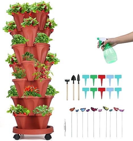 GameXcel Vertical Planter Tower - 7 Tier Stackable Garden Planters with Wheels and Garden Tool Set Plant Pots for Strawberry Herb Flower and Vegetable Indoor Outdoor Use Red by GameXcel