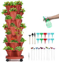 GameXcel Vertical Planter Tower - 7 Tier Stackable Garden Planters with Wheels and Garden Tool Set Plant Pots for Strawberry Herb Flower and Vegetable Indoor Outdoor Use Red by GameXcel