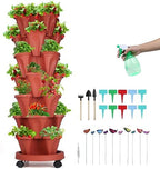 GameXcel Vertical Planter Tower - 7 Tier Stackable Garden Planters with Wheels and Garden Tool Set Plant Pots for Strawberry Herb Flower and Vegetable Indoor Outdoor Use Red by GameXcel