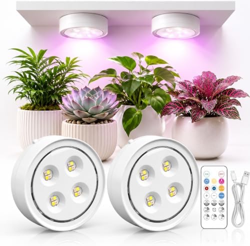 Rechargeable Grow Lights for Indoor Plants, 4000mAh Full Spectrum Wireless Magnetic Puck Grow Lights with Remote Control, Timer, Stepless Dimming and Type-C Charging for Plant Shelf and Flowers by Unknown