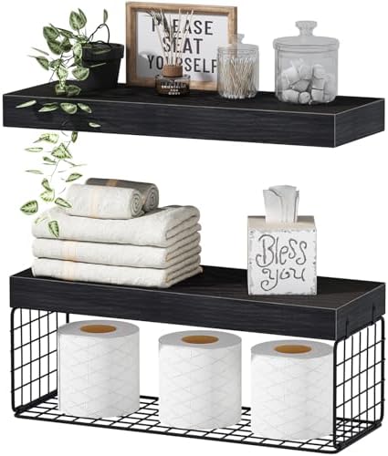 QEEIG Bathroom Shelves Over Toilet Wall Mounted (Black, Set of 2, 15.7") by QEEIG