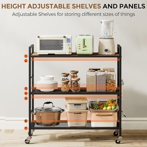 3-Tier Metal Storage Rack with Industrial Wheels,Mesh Shelving Unit with Wooden Table top,Adjustable Shelf,31.5-Inch Width, for Kitchen, Laundry,Pantry,Plant,Black - Image 4