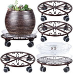 Planterhoma 5 Pack Plant Caddy with Wheels & Saucers, 11.8" Heavy Duty Metal Rolling Plant Stand, Plant Dolly with Lockable Casters, Rustproof Iron Planter Mover for Indoor Outdoor, Bronze by Planterhoma