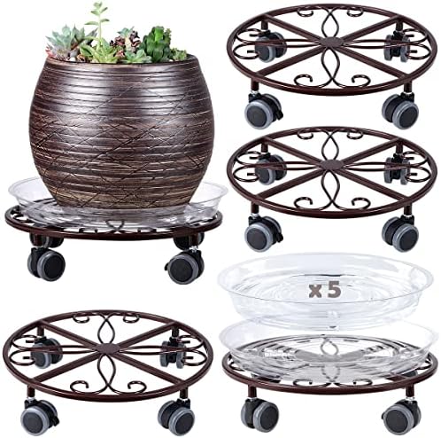 5 Pack Plant Caddy with Wheels & Saucers, Heavy Duty 13.5 Inch Metal Plant Stand with Wheels, Plant Dolly Rolling Plant Stand Plant Roller with Casters for Indoor and Outdoor, Bronze by Planterhoma