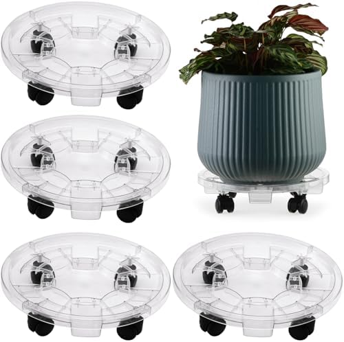 4 Packs 10.2 inches Small Clear Plant Caddy Plant Saucers on Wheels Rolling Plant Stands Heavy-duty Plant Dolly Plastic Planter Roller Base Pot Movers Outdoor Plant Tray Coaster by KvyusFlourish