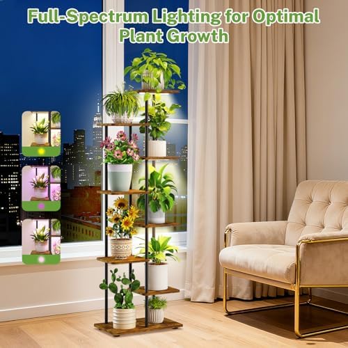 iDavosic.ly Plant Stand Indoor with Grow Lights, Tall 7 Tier Shelf, Brown - Image 4