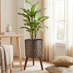 10 Inch Plant Pot with Stand, Planter for Indoor Plants, Modern Large Flower Planter Pot with Drainage Holes for Outdoor, Black ＆ Gold - Image 4
