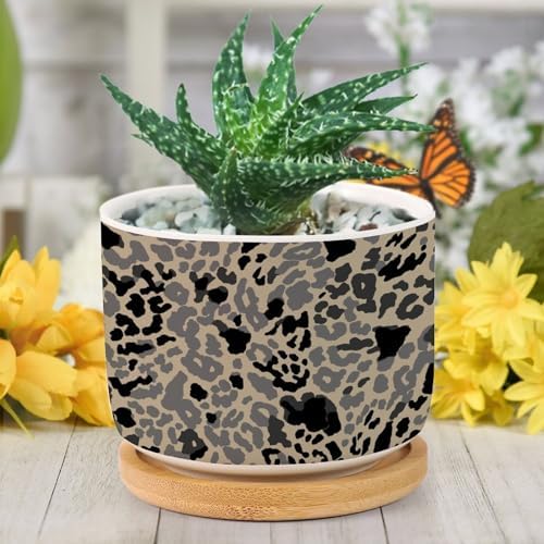 Leopard Black and Light Brown Dot Ceramic Planters African Tribal Animal Print Planters for Indoor Plants with Drainage Holes and Saucers Pot for Outdoor Garden Home Plant - Image 6