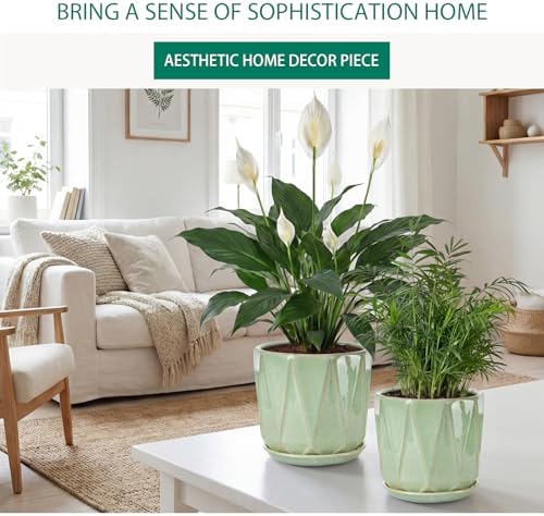 7.8 Inch Ceramic Plant Pot with Drainage Hole Mesh Net, Large Flower Pots for Indoor Plants with Saucer, Gardening Pots Outdoor (Crackle-Green) - Image 2