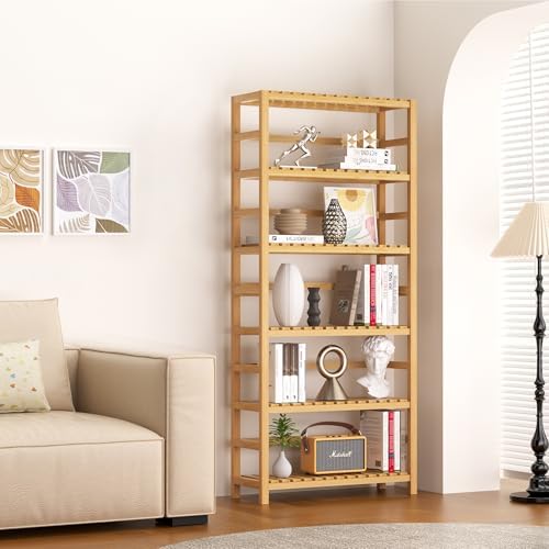 VASMIA 6-Tier Bamboo Shelf,Bamboo Storage Shelving Unit,Tall Bookcase with Adjustable Shelves,Multipurpose Storage Display Shelf for Bathroom, Living Room, Balcony, Kitchen,Natural - Image 2