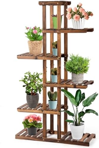 COSTWAY 6-Tier Multifunctional Wood Flower Stand, Shelf Holder for Multiple Plants, Freestanding Plant Rack for Garden, Patio, Balcony, Living Room, Indoor, Outdoor (29.5''x10''x55.5'') by COSTWAY