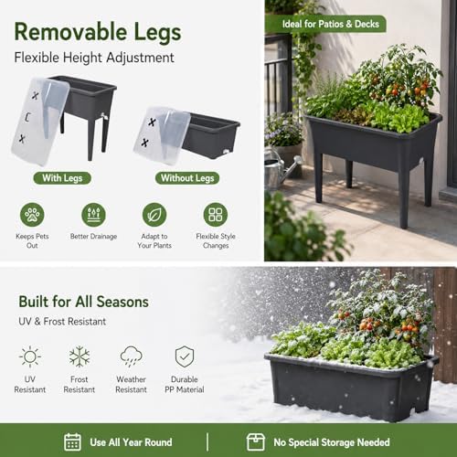 Self-Watering Raised Garden Bed Planter with Greenhouse Cover and Removable Legs, Elevated Plastic Planter Box for Outdoor Patio, Balcony, Indoor Herb Gardening (Dark Gery) - Image 5