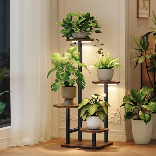 Homsorout Plant Stand Indoor with Grow Light,4-Tiered Tall Plant Stand Indoor, Metal Plant Shelf with Adjustable Light, Ideal for Living Room, Garden, Patio (Black Brown) by Homsorout