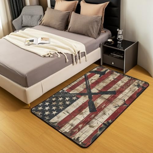 Erosebridal Bear Elk Shotgun Area Rug 4'11" x 3'3" Mallard Duck Hunting Living Room Rugs Retro Wooden Board Decorative Carpet Deer American Flag Indoor Floor Mat - Image 3