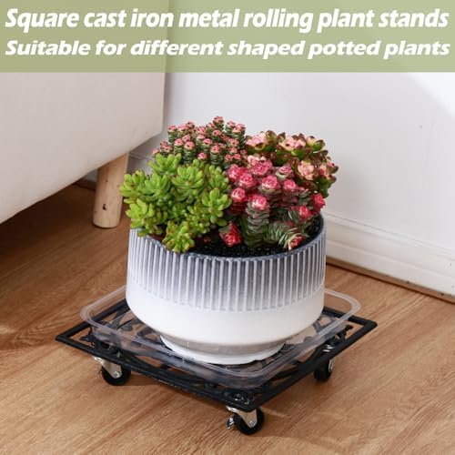 2 Packs 12" Square Metal Plant Caddy with Wheels Large Heavy-Duty Cast Iron Planter Dolly Pot Mover, Indoor Outdoor Vintage Rolling Plant Stands with Casters Wheeled Plant Roller Base, Rustproof Black - Image 2