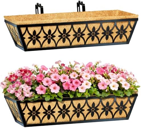 24 Inch Window Boxes Planters Railing Planter Box - 2 Pack Deck Railing Planter Boxes with Adjustable Brackets Coco Liners Balcony Planters Railing Hanging for Window Flower Boxes Outdoor Garden Decor by EINYEXW