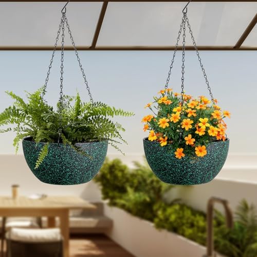 Meowell 12 inch Large Hanging Planters for Indoor Outdoor Plants, 2 Pack Hanging Flower Pots with Drainage Holes and Chain, Plastic Hanging Baskets for House Plants, Black with Green Speckles - Image 6