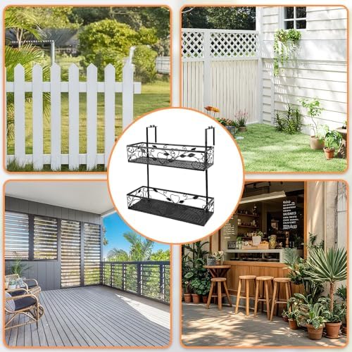 2-Tier Flower Pot Stand Rack, Balcony Railing Planters, Metal Hanging Plant Holder, Adjustable Plants Rack Bucket for Outdoor Patio Porch Fence (Black) - Image 6