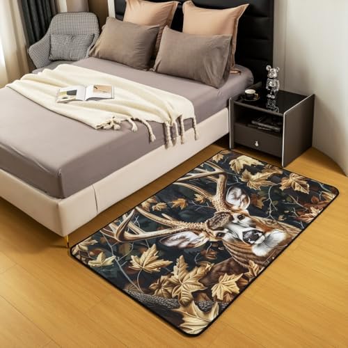 Erosebridal Deer Antler Hunting Area Rug 4'11" x 3'3" Autumn Maple Leaves Living Room Rugs Wild Animal Deerskin Farmhouse Decorative Carpet Yellow White Elk Indoor Floor Mat - Image 3