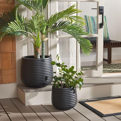 SAFAVIEH Outdoor - Jasper Black Cement Ficonstone Planter Pot Set of 2 with Drainage Hole, Frost Resistant Garden Planters for Patio, Deck, Indoor Outdoor Use (PAT1535A-SET2) - Image 2