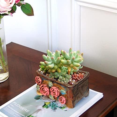 5.5 Inch Succulent Pot Handmade Flower Design Rectangular Ceramic Plant Pot Antique Cactus Pot Planter with Drainge Set of 2 (Yellow Pink Rose and Small Rose) - Image 5