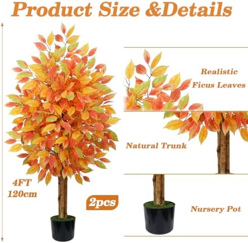 GTIDEA 2 Pcs 4 ft Artificial Autumn Ficus Tree with Pot Fall Tree for Porch - Image 2