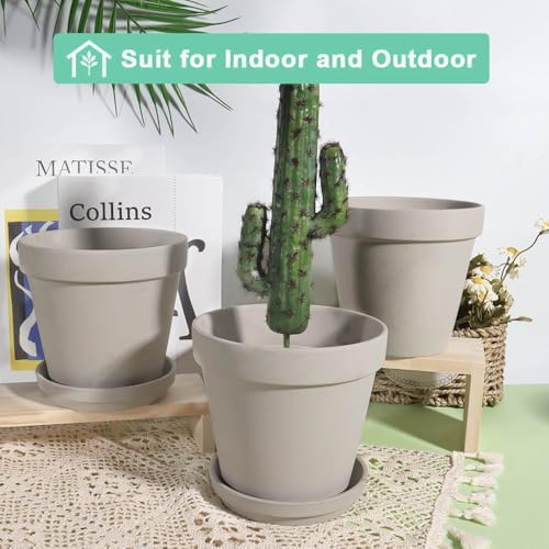 vensovo 5 Inch Grey Terracotta & Clay Pots with Saucer, 6 Pack - Image 5