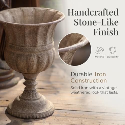 Vintage Urn Planter with Embossed Pattern, Imitation Stone Finish Flower Pot, Distressed Classic Plant Pot for Outdoor Indoor Home Garden Patio Front Porch Entryway（12 * 17 in） - Image 5