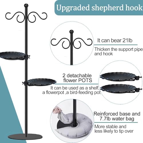 Thickened 74.5" Shepherd's Hook with Stand，Bird Feeder，Wind Chime Hanger Stand, Waterproof Metal & Adjustable-Height Pole Holder for Lantern ，Wreath, Hanging Plants Indoor & Outdoor（2 Placement Racks) - Image 4