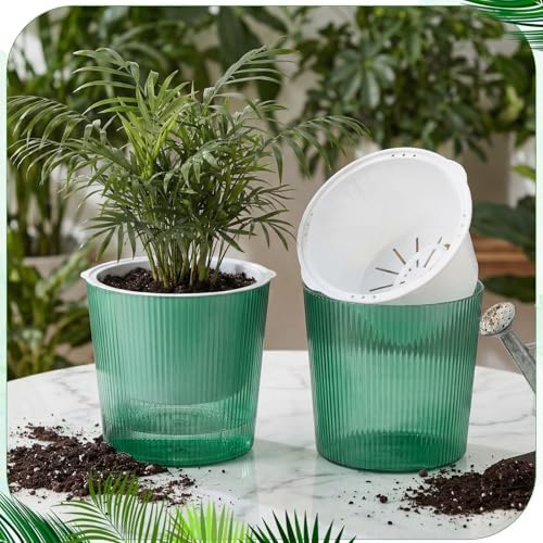 6 Pack Self Watering Pots for Indoor Plants Plastic Vertical Ribbed Semi Transparent Planters, Dual Layer Reservoir for Indoor Succulents Herbs Pothos(Green, White,6.5 x 5.9 Inch) - Image 6