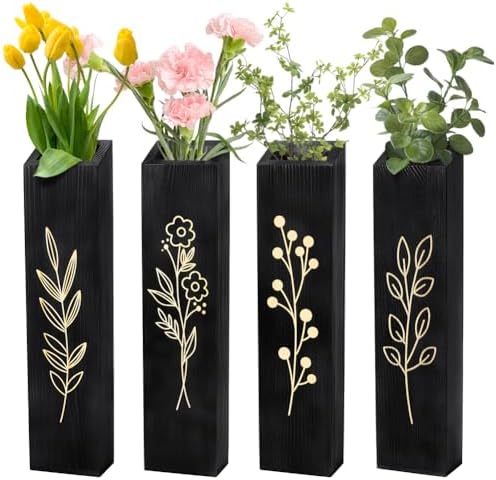 peacoblue Wood Wall Planter, 4 Pack Indoor Pocket Wall Vases Decor for Boho Farmhouse Living Room Bedroom Dried Flowers Faux Greenery Plants Black by PEACOBLUE