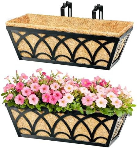 16 Inch Railing Planter Box Window Boxes Planters - 4 Pack Deck Railing Planter Boxes with Adjustable Brackets Coco Liners Balcony Planters Railing Hanging for Window Flower Boxes Outdoor Garden Decor - Image 6