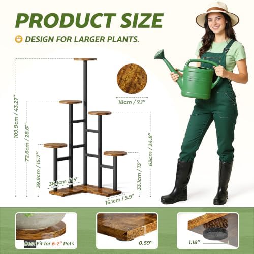 6 Tier Plant Stand Indoor Outdoor Metal Wood Tall Corner Plant Shelves - Image 4
