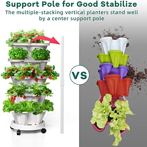 Strawberry Vertical Planters Tower Garden 3 Pack, 7 Tiered Stacking Herb Vegetable Planter with Support Pole Indoor and Outdoor - Black - Image 5