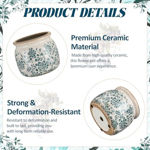7.7" Large Ceramic Plant Pot Beige Green Vintage Peony Crackle Glaze Rustic Flowers Pot Decorative Planter with Drainage for Indoor Outdoor Plants Home Kitchen Office Decor Gift - Image 3