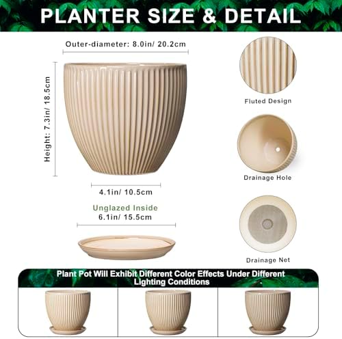 8 Inch Pots for Plants, Ceramic Planter with Saucer, Beige - Image 2