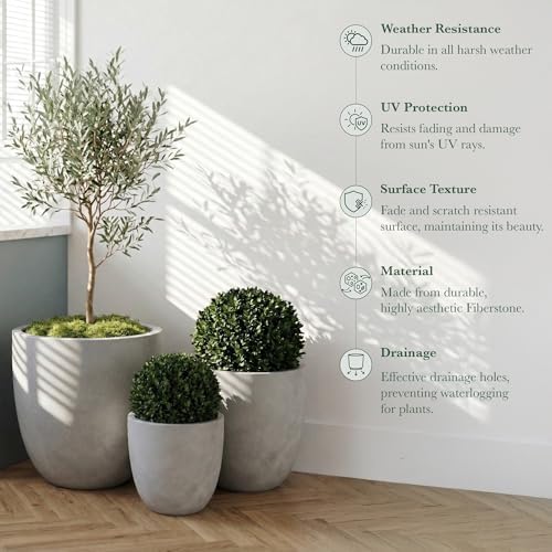 DTY Mount Yale 15.7" D x 15" H (Pot Opening 12.2") Fiberstone Planter with Drainage Hole, Weather Resistant for Indoor and Outdoor, 2 Extra Coco Mats - Gray, Medium - Image 2