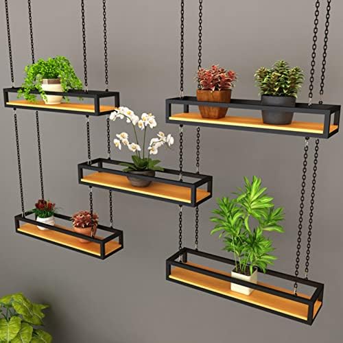SOBS Creative Black Chain Hanging Wrought Iron Ceiling Basket Flower Stand Industrial Style Bar Restaurant Plant Pot Hanger Decorative Rack Floating Shelves Shelf (Size : 40x25x15cm) - Image 7